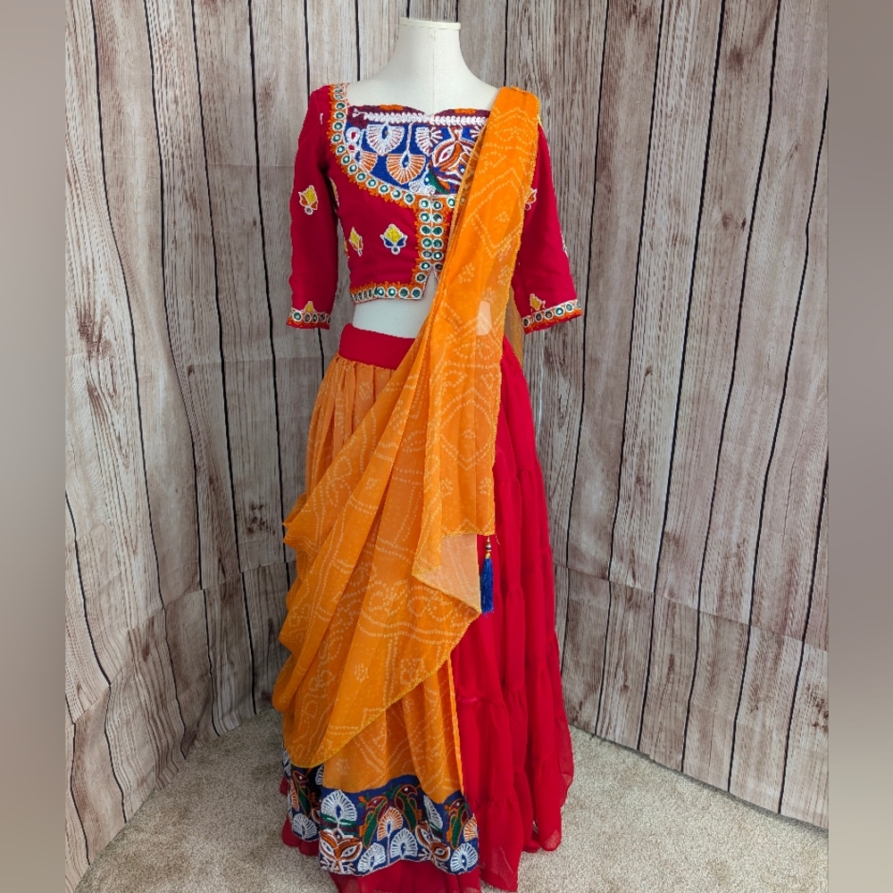 Vibrant Hot Pink and Orange Traditional Outfit For Navratri Garba